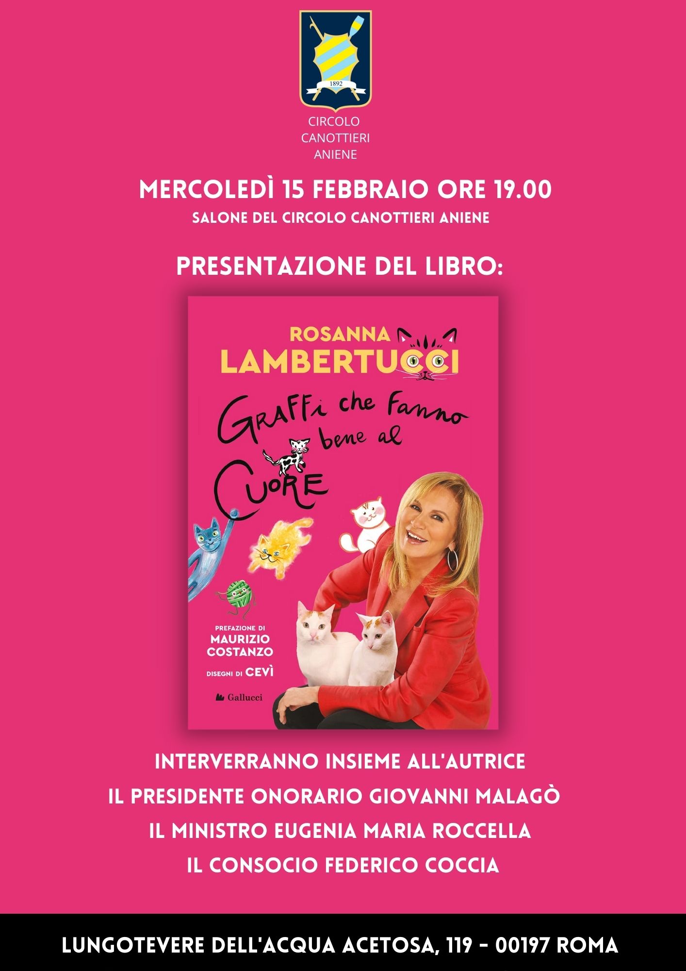 Rosanna Lambertucci presenta “Graffi che fanno bene al cuore”, al Circolo Canottieri Aniene
